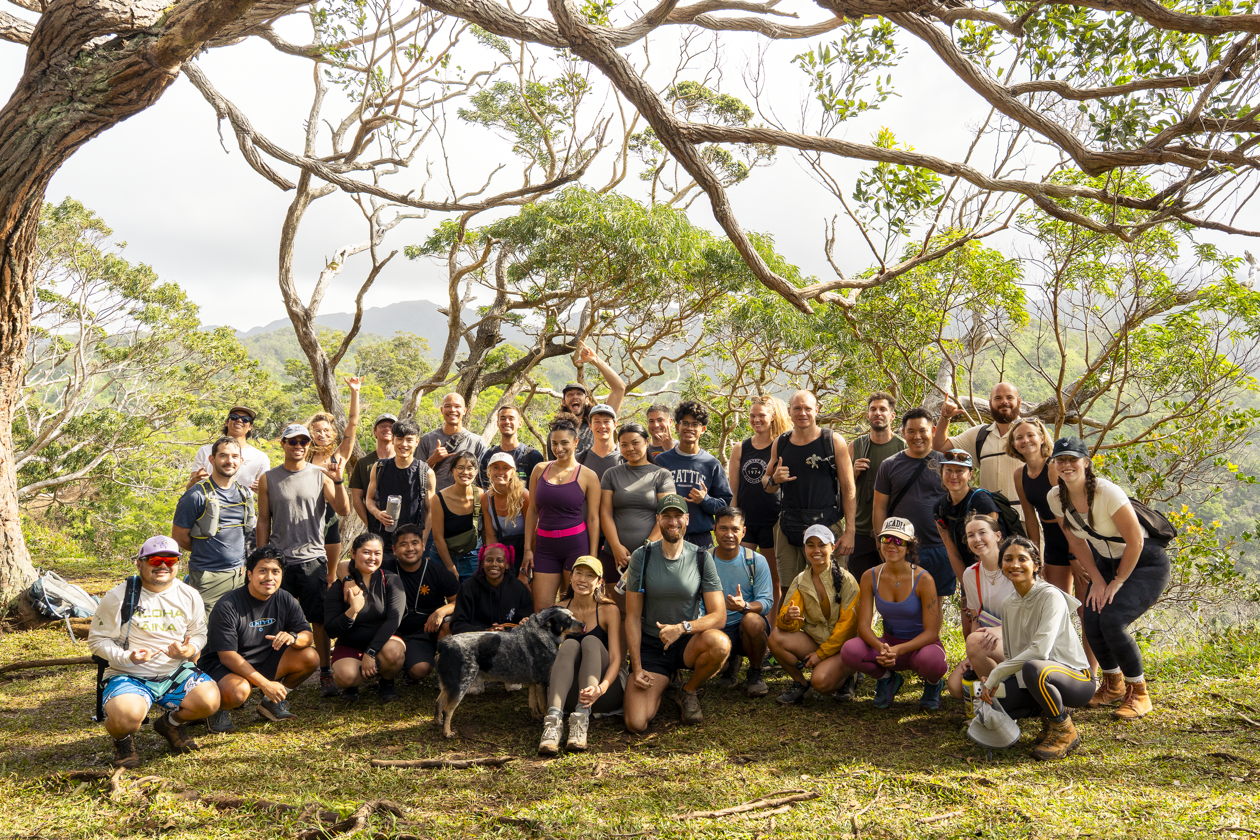 A large group of diverse hikers and outdoor enthusiasts gathered together in a forested area with tall trees and mountainous terrain in the background, posing for a group photo on a hiking trip.