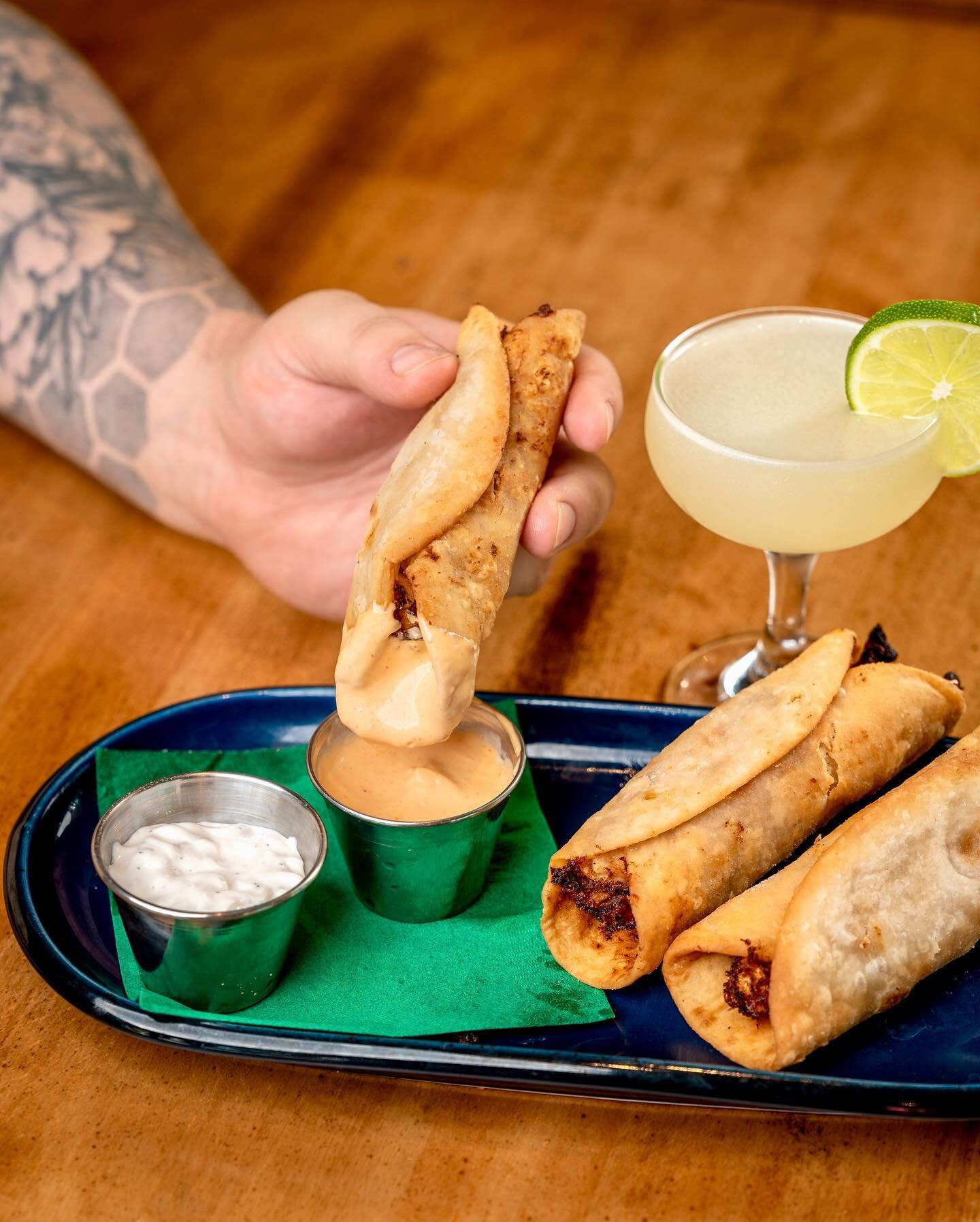 Our new and improved Flautas 😍

Fried flour tortillas/ Grilled chicken/ Cheese/ Refried black beans/ Smoked jalape&ntilde;os/ Salsa ranchero/ Lime crema/ Cholula lime aioli

See you soon for Happy Hour! 🍹