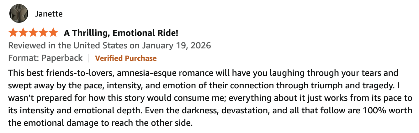 Screenshot of an Amazon book review titled "A Thrilling, Emotional Ride!" with five stars. The review was written by Janet, praising a story with intense emotional depth, darkness, and tragedy.