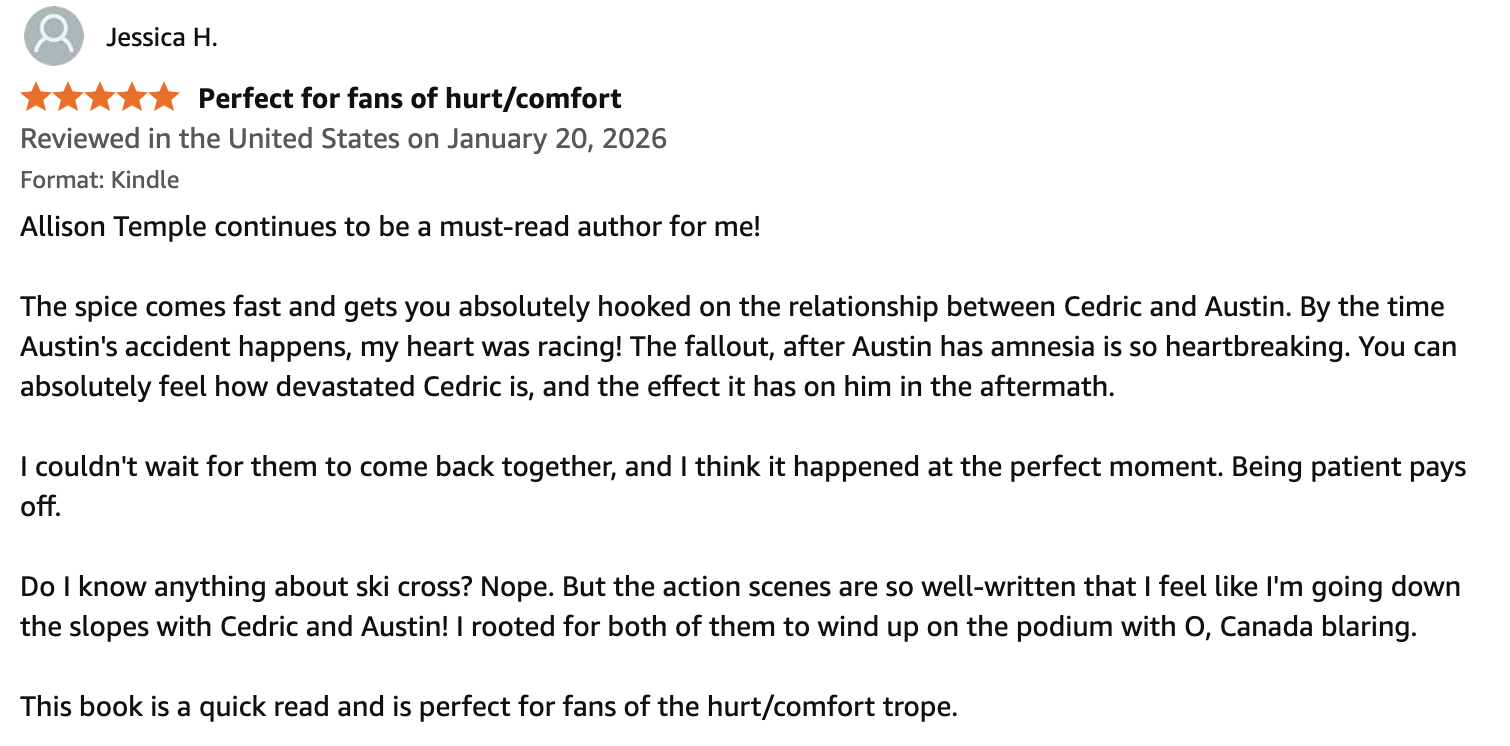 A screenshot of a book review from Amazon, discussing a book by Allison Temple, with a five-star rating and a summary of the review content.