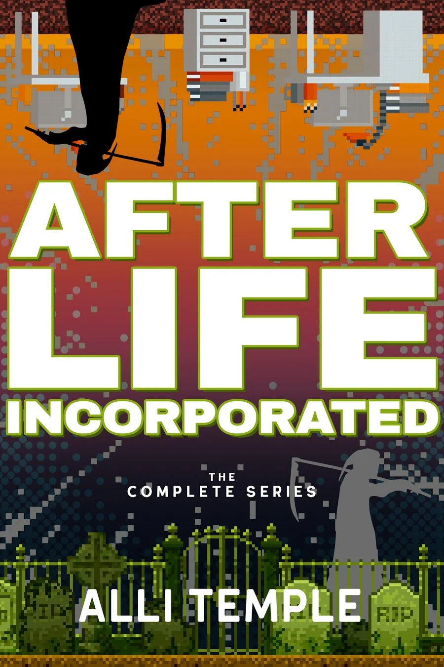 A primarily orange and black book cover with white text that says Afterlife Incorporated The Complete Series by Alli Temple. The image depicts two reapers leaving work, with one in an office setting and the other a graveyard. 