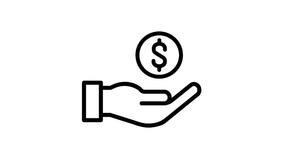 Outline drawing of a hand holding a coin with a dollar sign, symbolizing money or financial transaction.