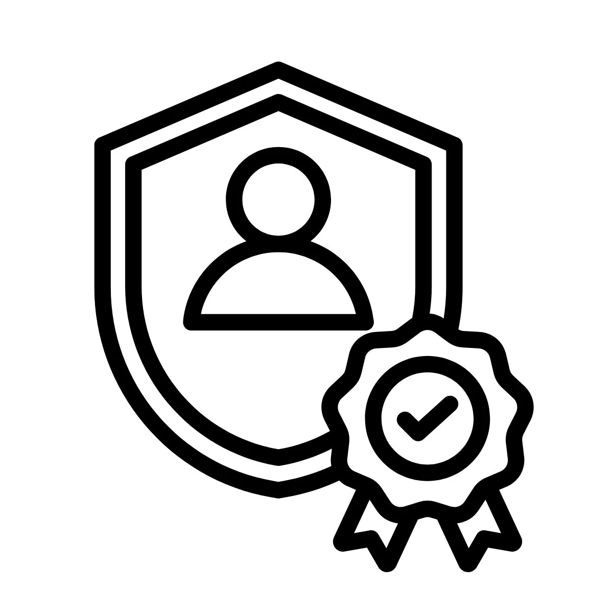 Icon of a shield with a user silhouette inside, accompanied by a ribbon with a checkmark, symbolizing security or certification.