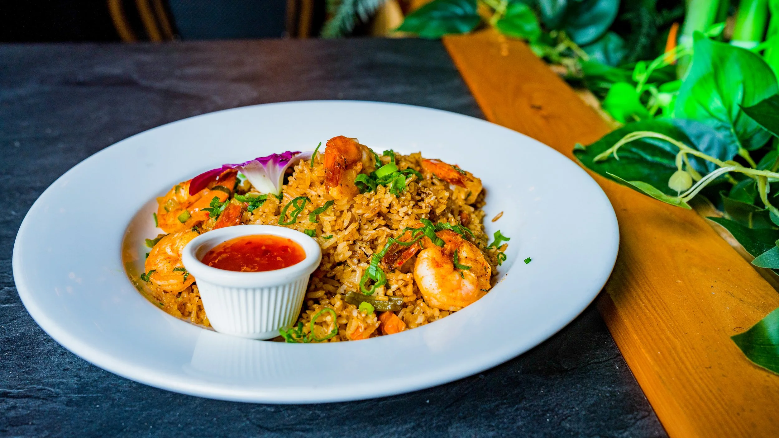Best website food photography shrimp fried rice with vegetables and chopped green onions with red sauce ramekin on white plate on dark surface near green plants in New York City and shot by Lumumba David from David Media Group