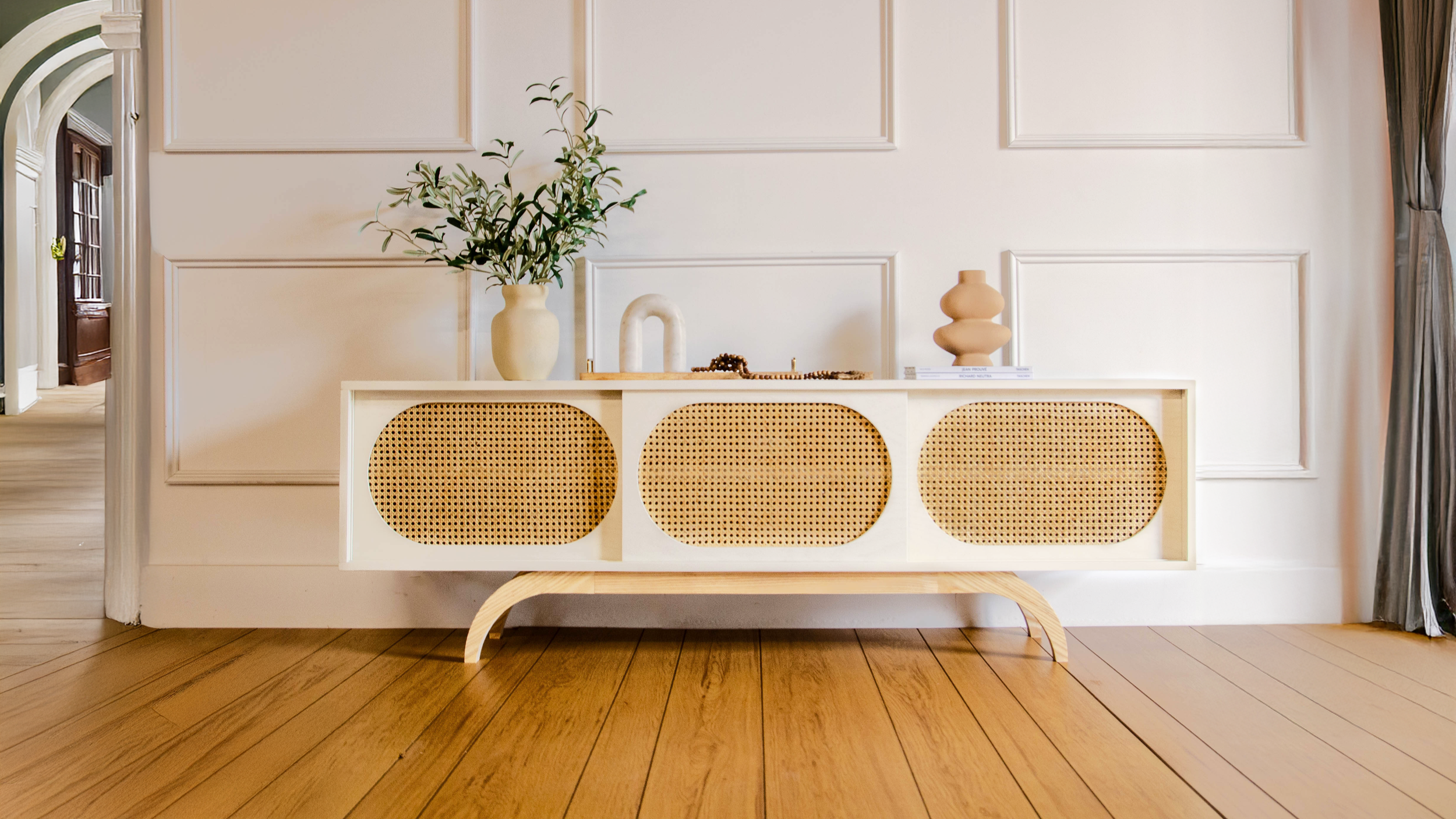 White Mid-Century Modern Sunset Tv Stand