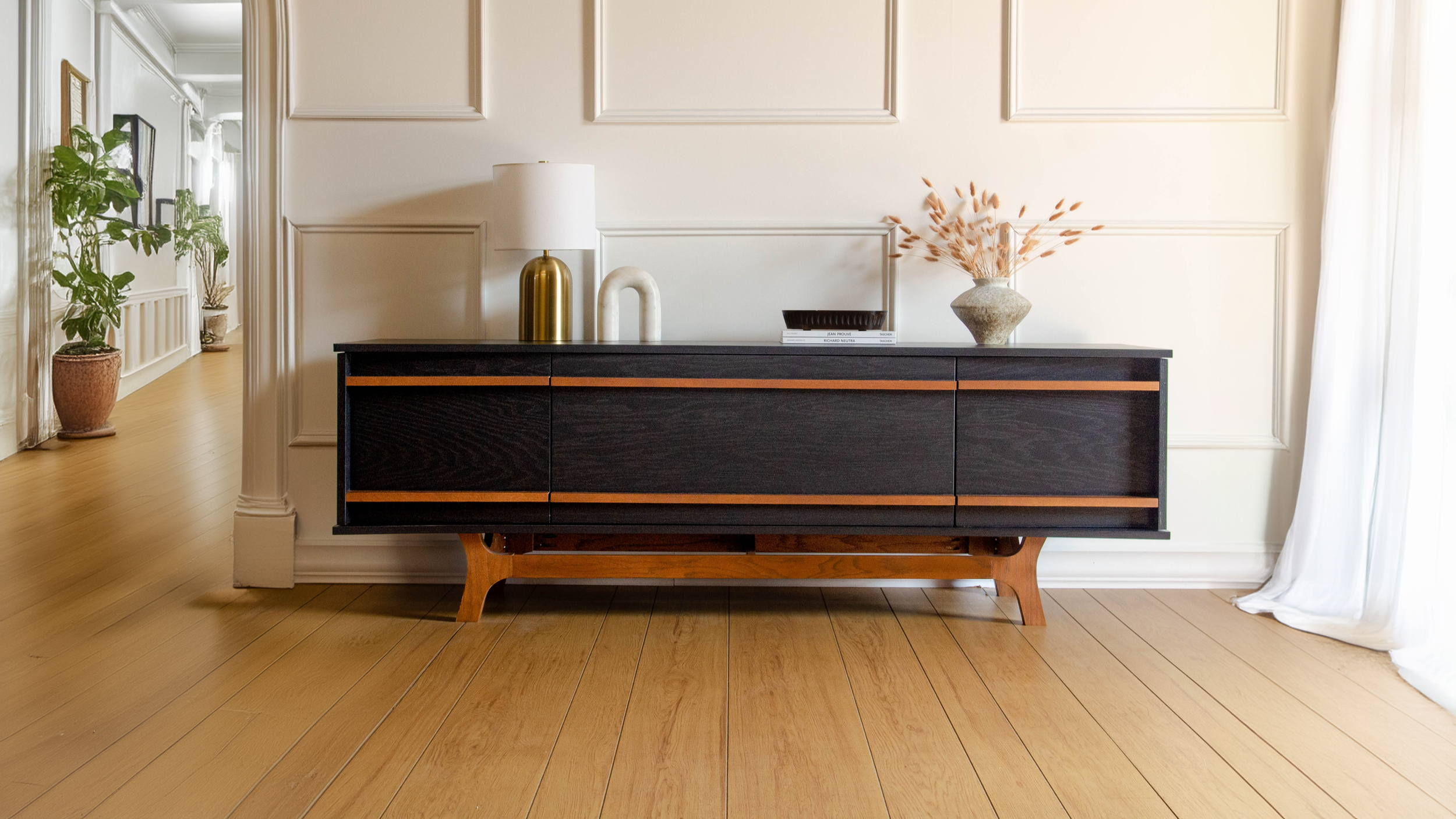 Mid-Century Modern Bow Tv Console, Wine bar, Record Player Stand