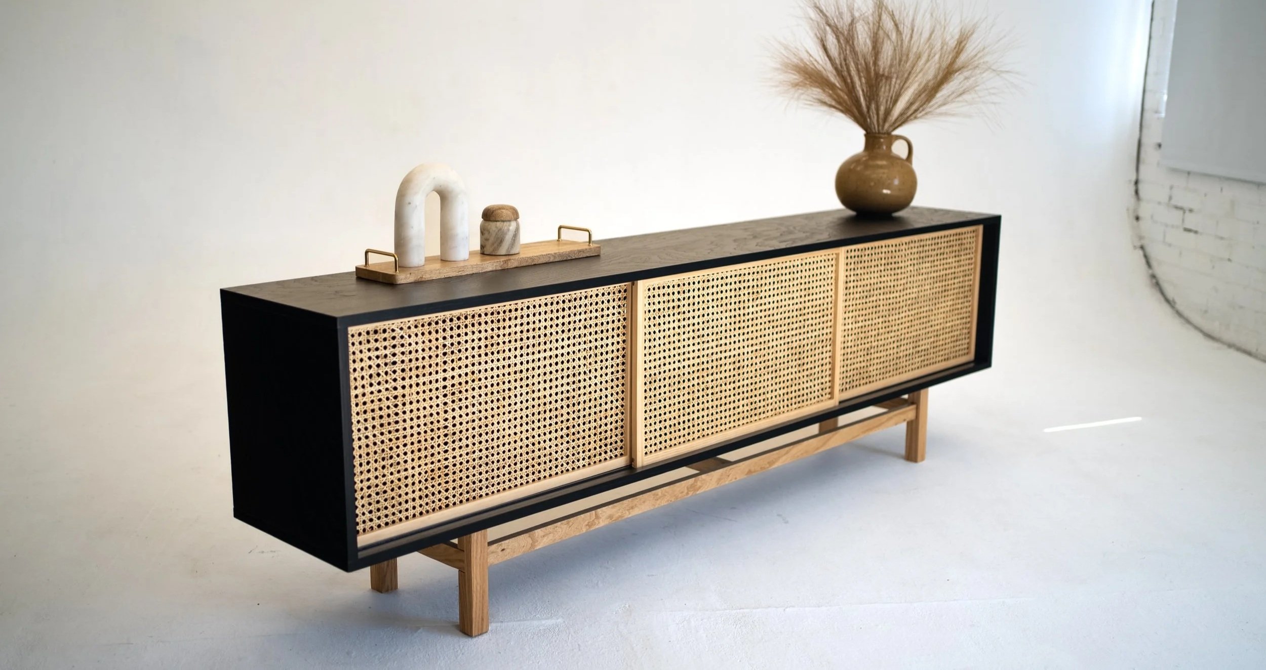 Black Modern Bohemian Cane Rattan TV Console Record Player Stand