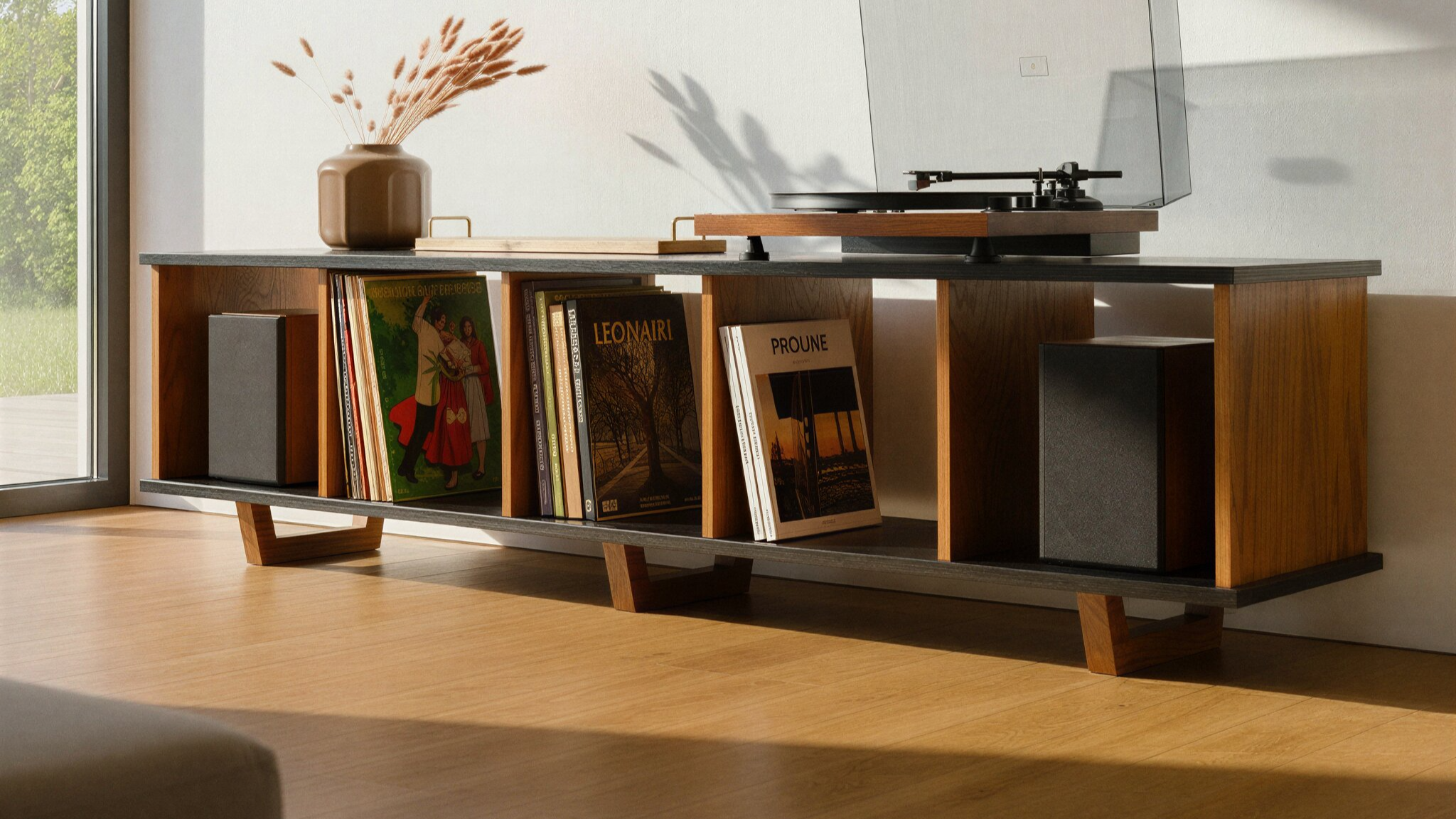 Black Oak Minimalist Record Player Vinyl Storage Stand, Bench