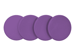 Four purple poker chips stacked slightly offset
