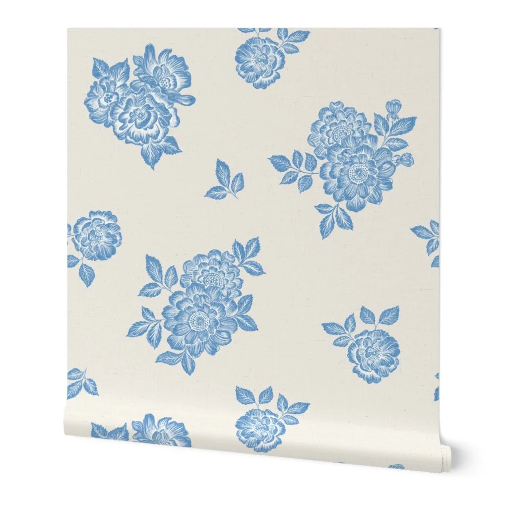 Coastal blue and cream vintage rose on cream wallpaper