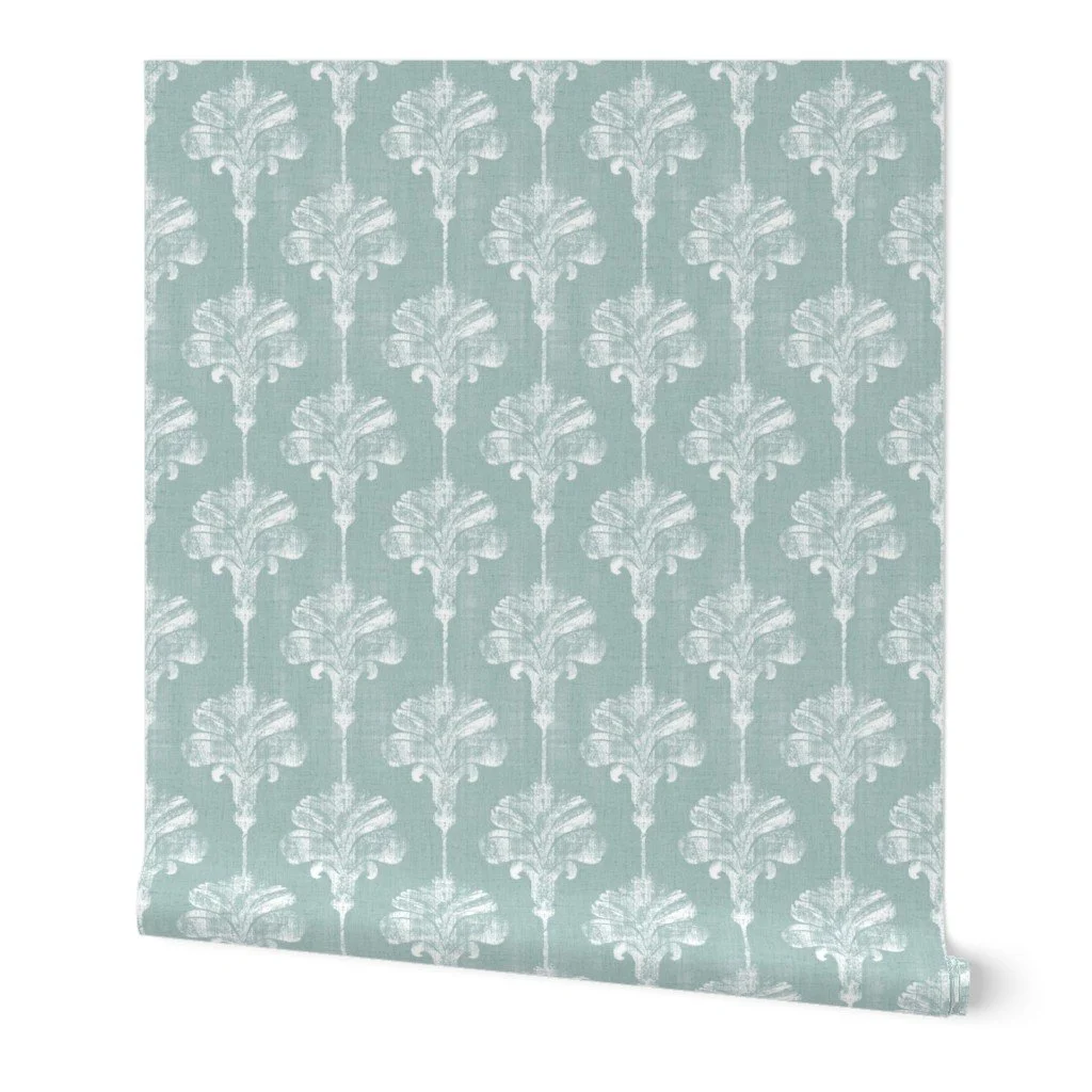 Teal blue stamped palm tree wallpaper