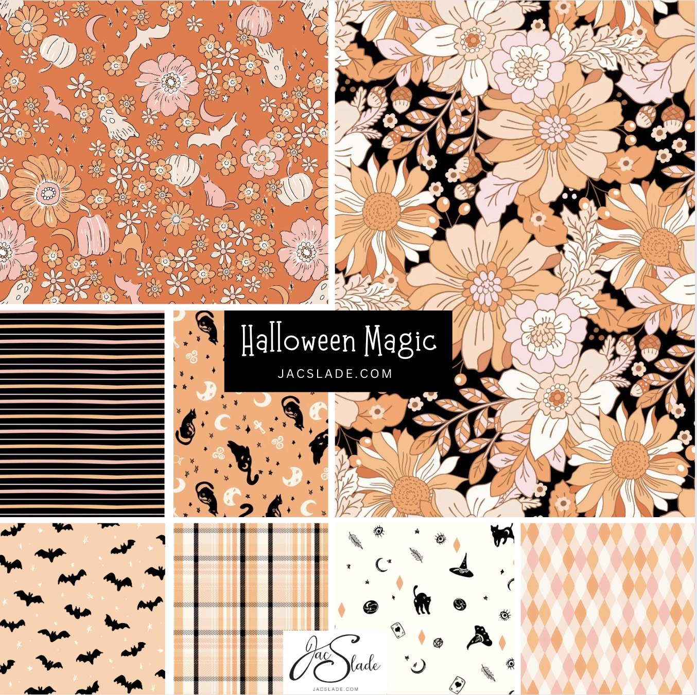 Halloween Magic.
🎃🌼👻
I'm super excited for this collection it's filled with lots of retro florals, cute ghosts, black cats, bats and fall plaids. 
Available for art licensing and at my fabric retailers.
With lots of colours to mix and match it's b