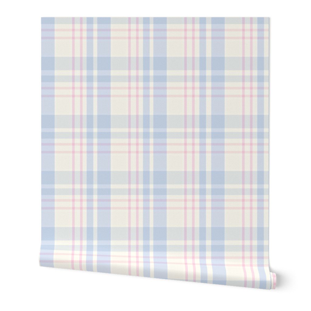 pastel blue and pink country plaid wallpaper for girly nursery walls