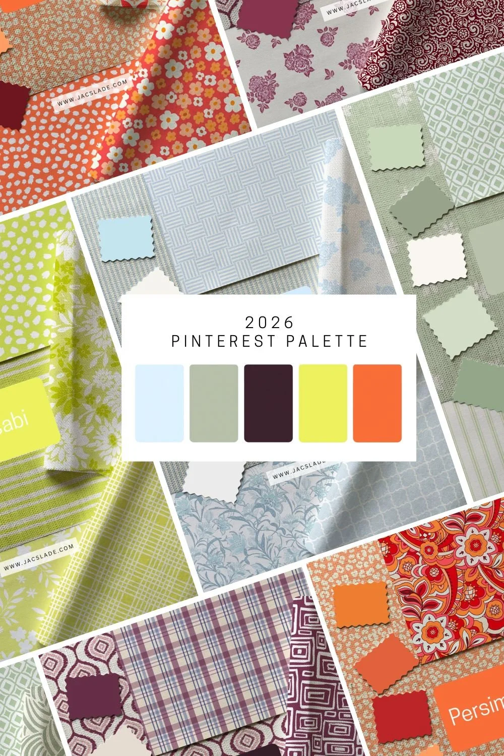 The 2026 Pinterest colour palette, explored through wallpaper and fabric designs. A mix of calm blues, soft greens, rich plums, and joyful brights for modern interiors.