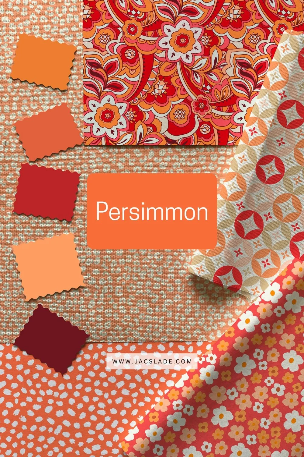 Persimmon orange-red colour trend for 2026 shown in wallpaper and fabric designs, styled as a vibrant surface pattern moodboard for warm, joyful interiors and retro-inspired home decor.