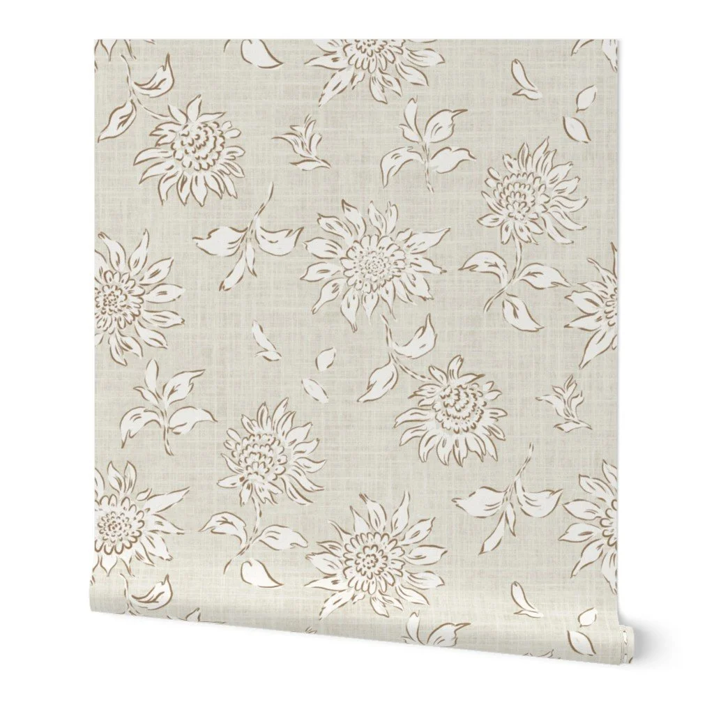 rustic sunflowers in neutral brown on beige wallpaper