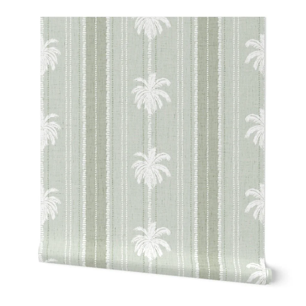 sage green textured palm tree stripes for modern tropical interiors