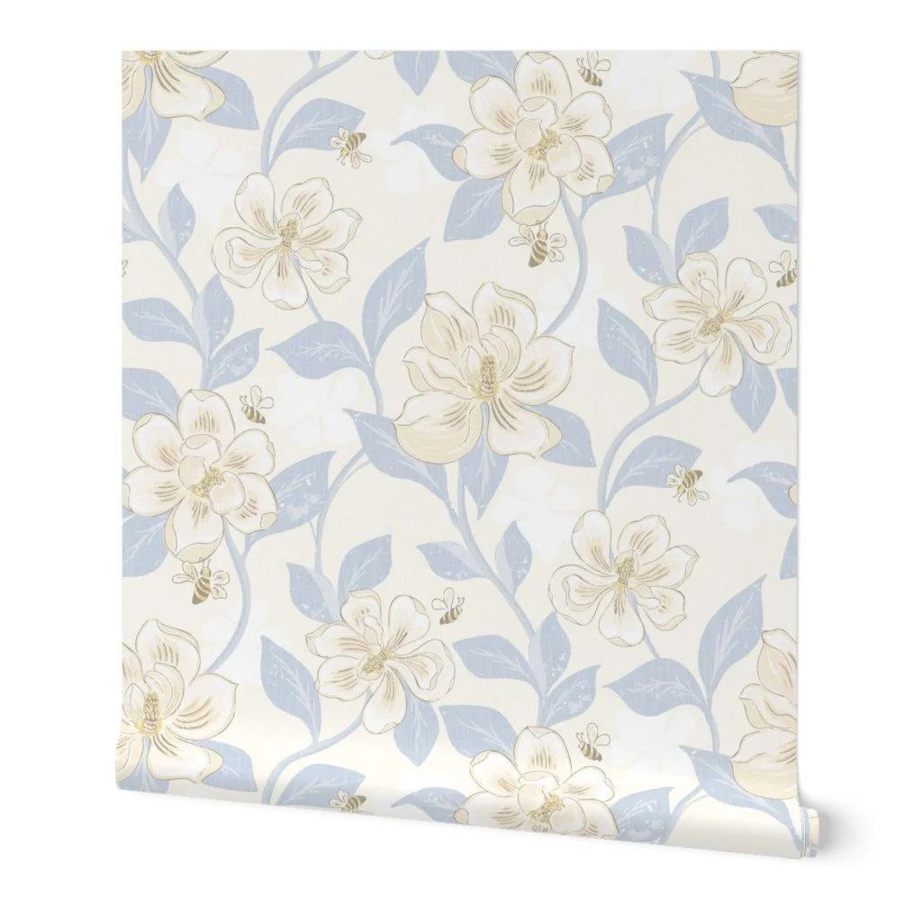 soft cream and vintage blue vintage magnolia floral with bees as wallpaper