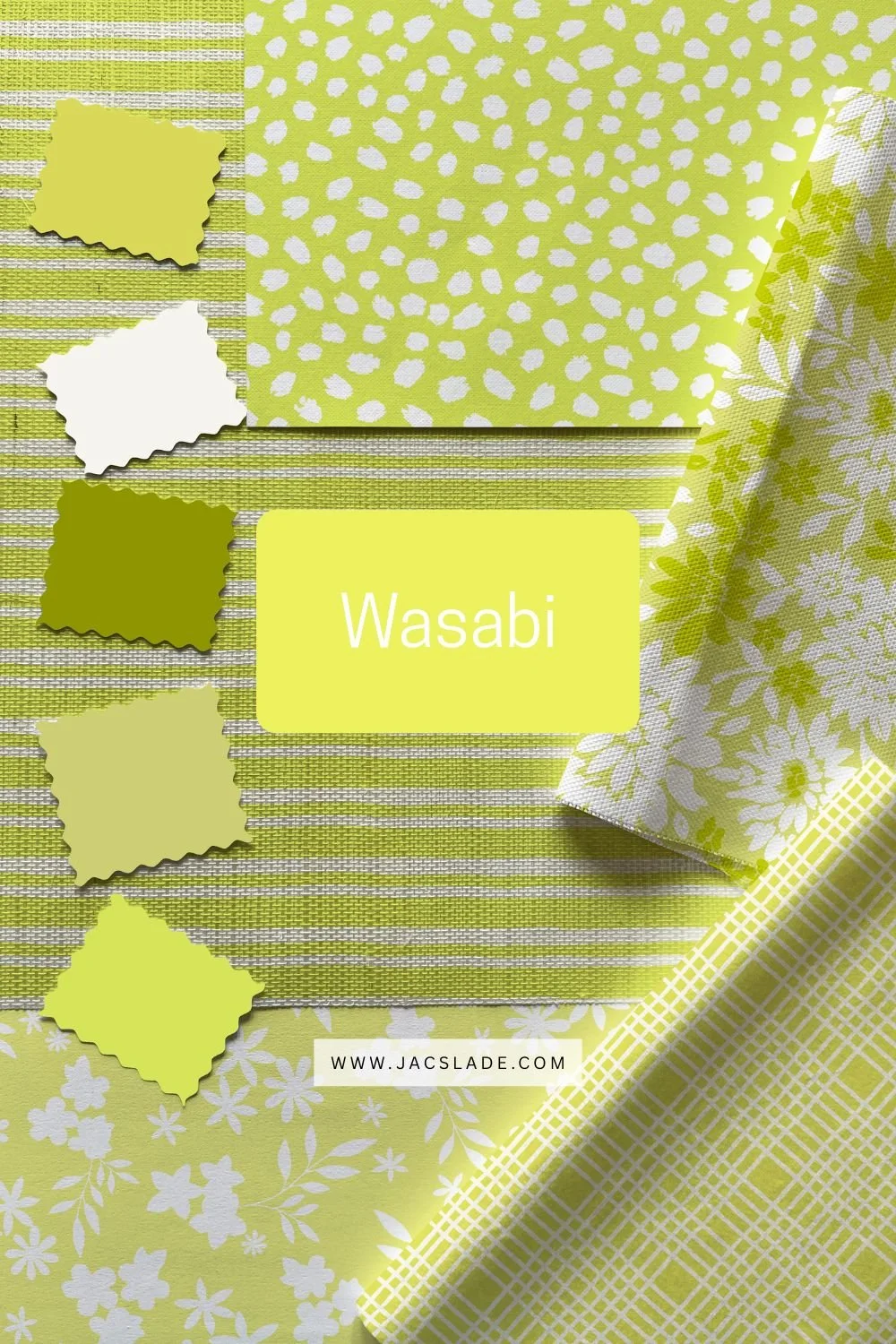 Wasabi chartreuse colour trend for 2026 presented through wallpaper and fabric designs, featuring bold yellow-green tones for playful, creative interiors and modern surface pattern inspiration.