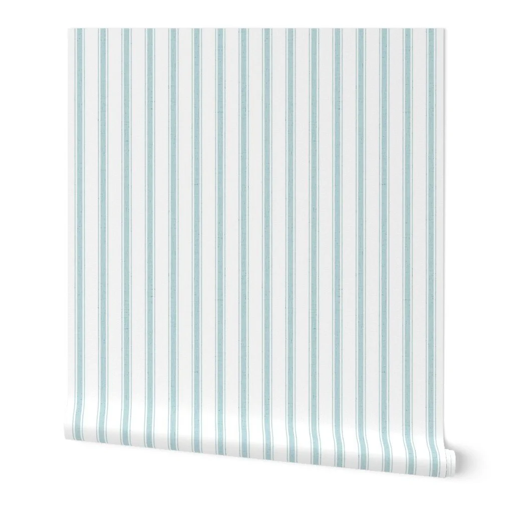 teal blue and white textured ticking stripes