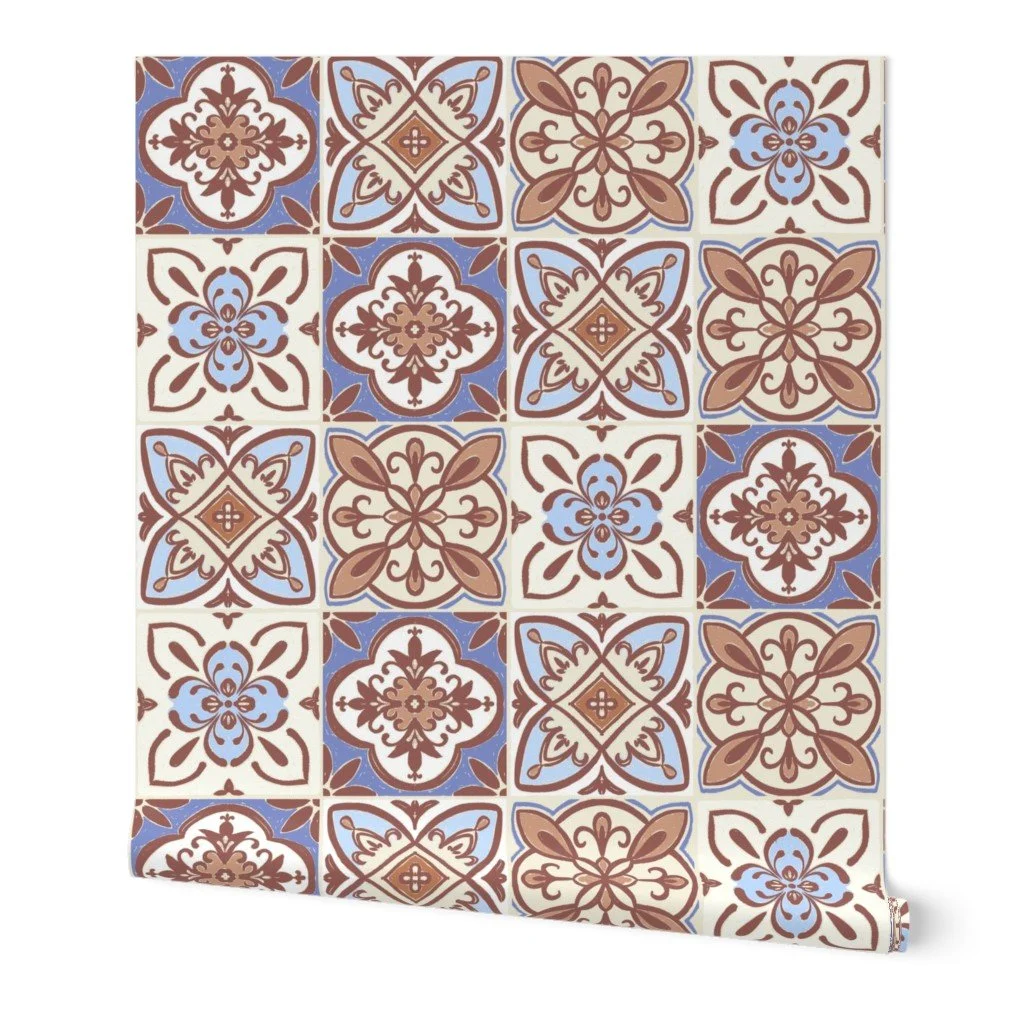 Brown and blue mediterranean tiles on wallpaper roll