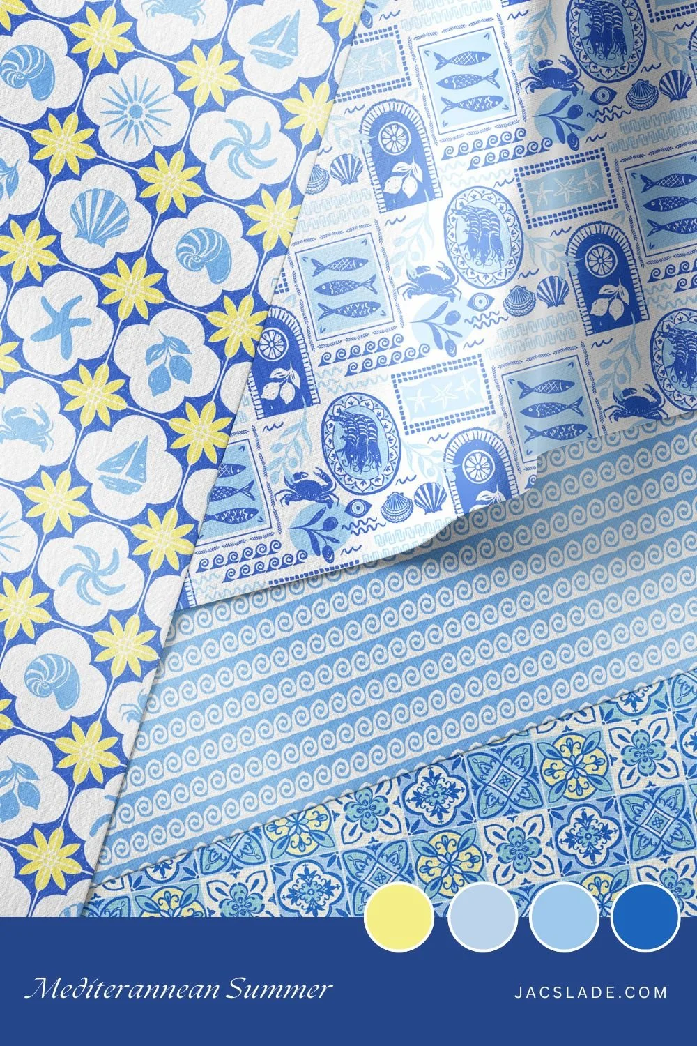 Blue and white mediterranean design colleciton shown as wallpaper flat lay