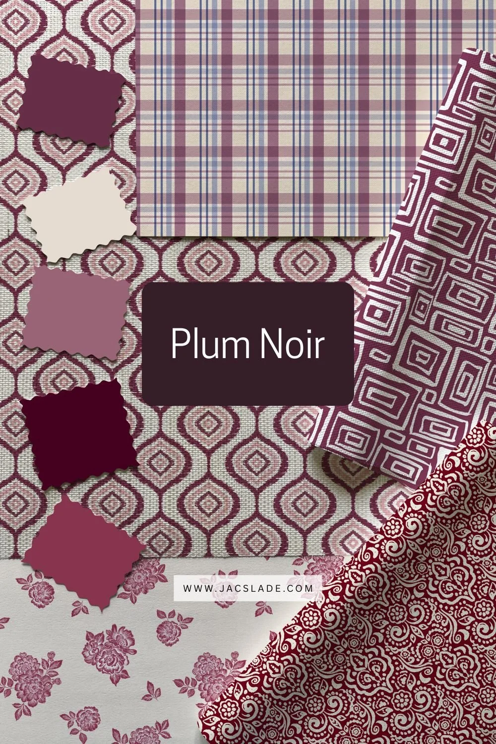 Plum Noir 2026 colour trend moodboard showcasing deep burgundy and brown-toned wallpaper and fabric designs, styled for moody, elegant interiors with a vintage and heritage-inspired feel.