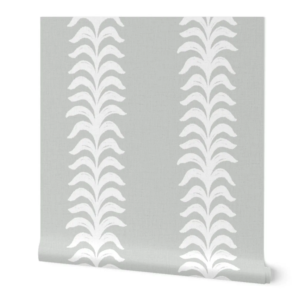 silver gray and white palm leaf stripe wallpaper