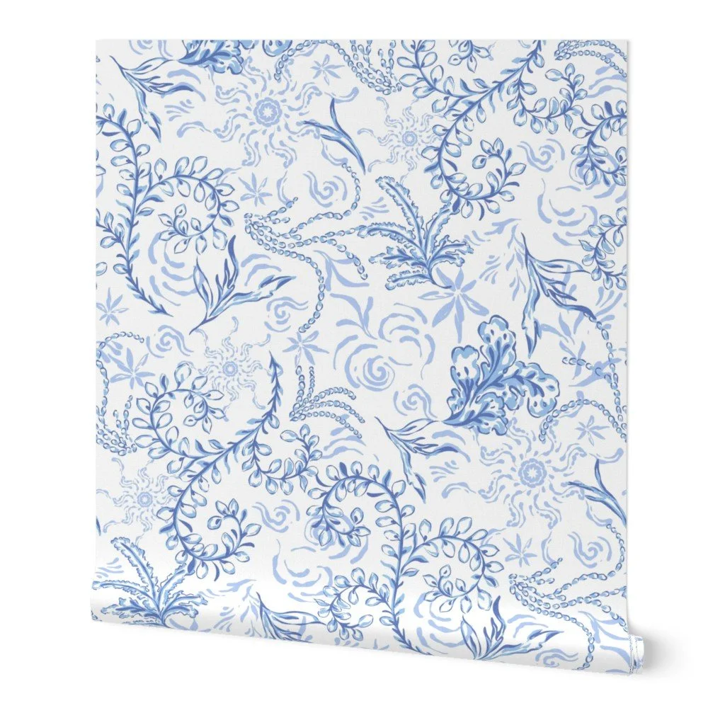 blue and white bohemian ocean coral coastal wallpaper