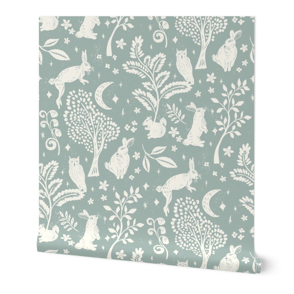 woodblock woodland animals baby nursery wallpaper
