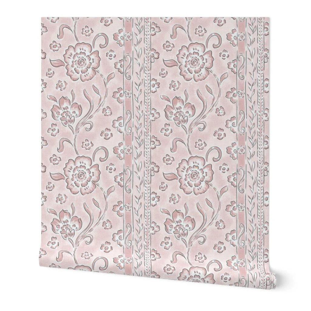 Blush pink country floral stripe wallpaper for girly bedroom walls