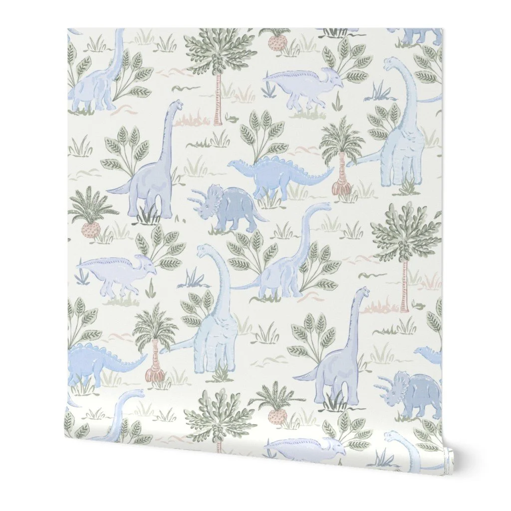 blue and sage boho dinosaur safari toile wallpaper for baby nursery walls