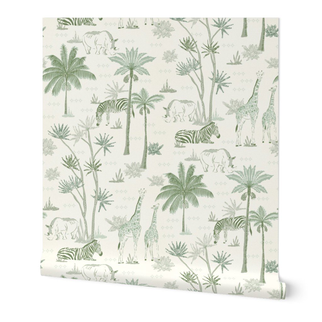 sage green and cream safari zoo toile with boho palms, zebra and giraffes