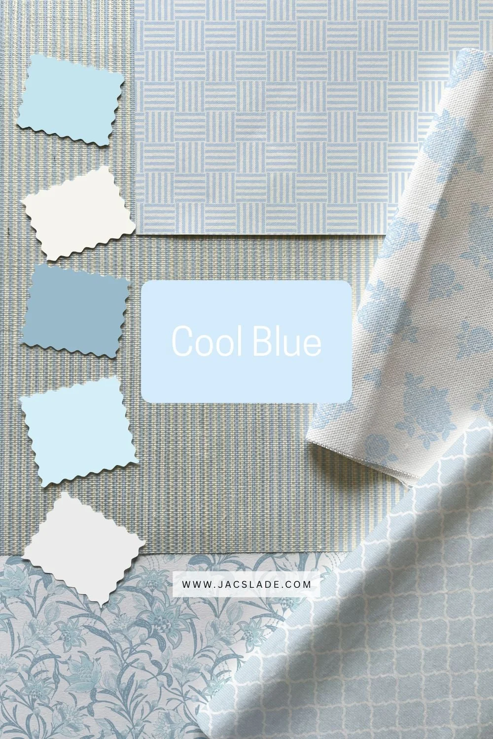 Cool Blue colour trend for 2026 shown through wallpaper and fabric designs in soft icy blue tones, styled as a surface pattern moodboard for calm, modern interiors and Scandinavian-inspired home decor.