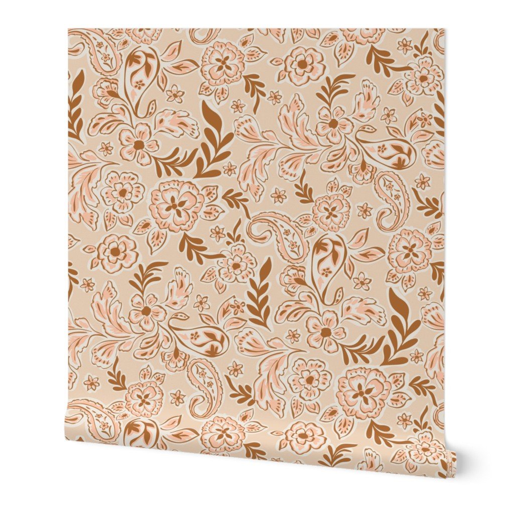 warm peach and brown paisley wallpaper