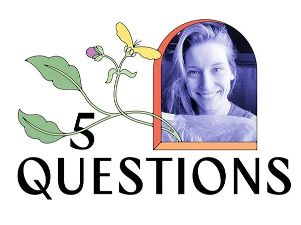 "5 Questions" graphic with a plant and butterfly illustration, and a smiling person in a circular frame.