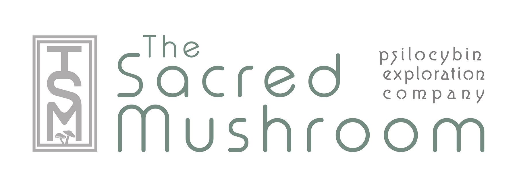 Logo for The Sacred Mushroom, a psilocybin exploration company, featuring stylized text and mushroom illustration.