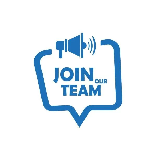 A blue graphic with a speech bubble outline containing a megaphone icon and the text 'JOIN OUR TEAM'.