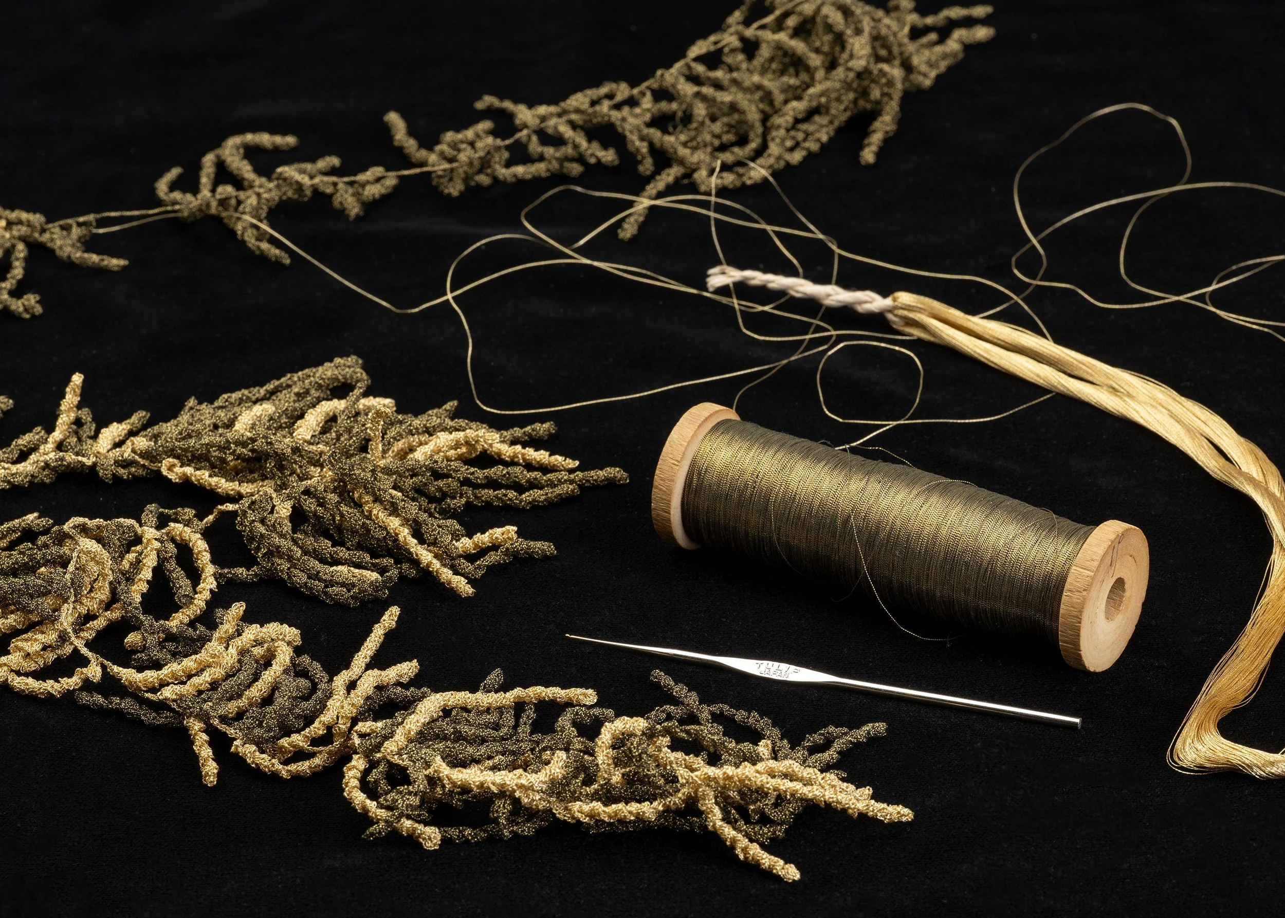 Golden Hormosira neckpiece, 2025
work in progress
hand-crochet silk and gold French passementerie thread c1890, 
and Japanese silk and gold embroidery thread,
0.4mm crochet hook