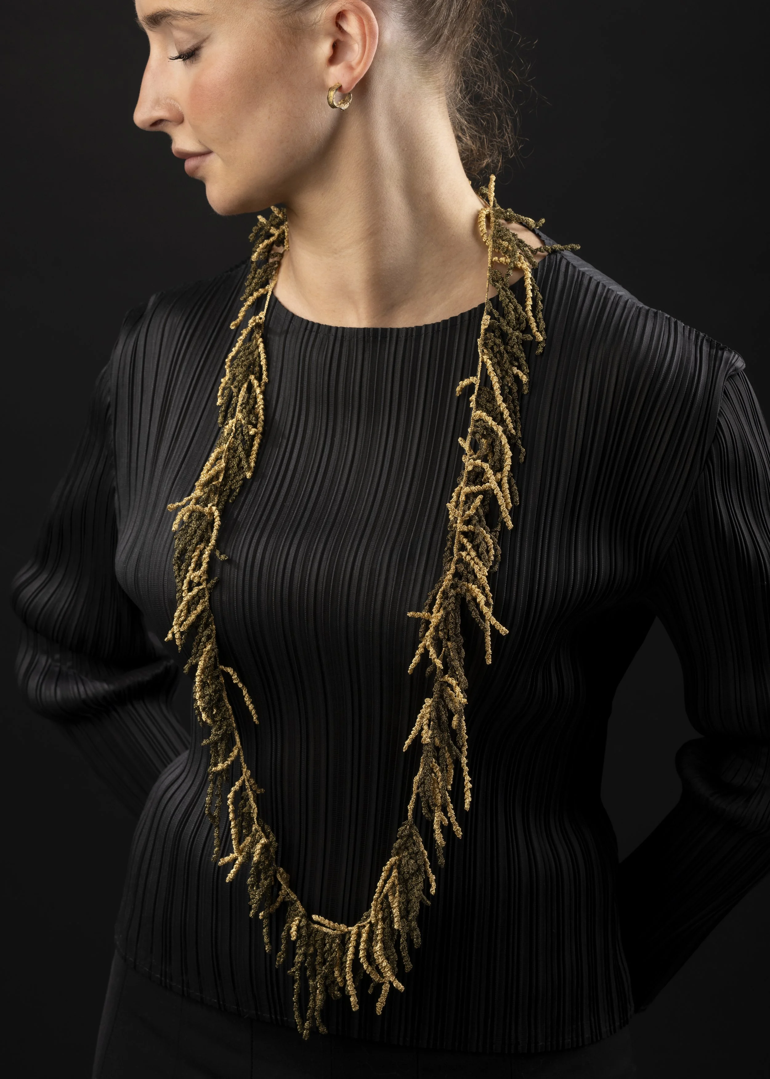 Golden Hormosira neckpiece, 2025
hand-crochet silk and gold French passementerie thread c1890, 
and Japanese silk and gold embroidery thread
