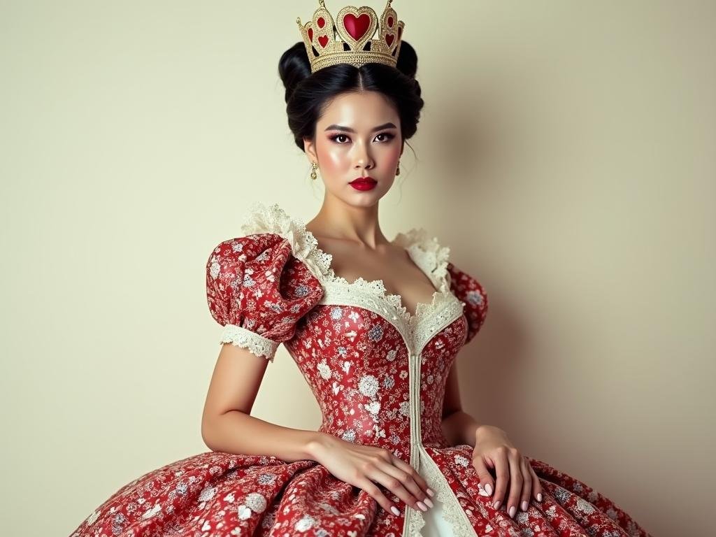 Woman in an ornate red and white gown with puffed sleeves wearing a gold crown with heart details, posing against a neutral background.