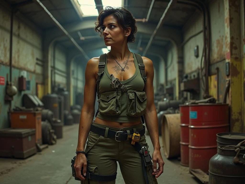 Woman in green tactical outfit standing in an industrial warehouse with barrels and machinery.