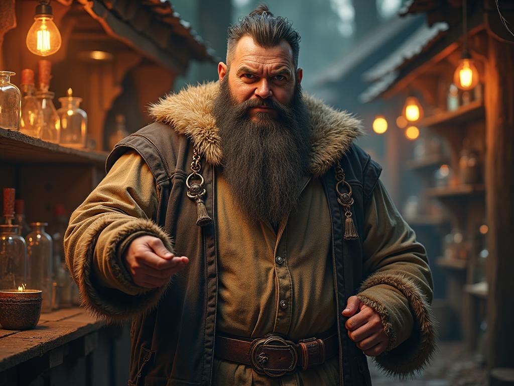 Bearded man in fur-lined coat standing in a rustic market with vintage lighting and glass bottles.