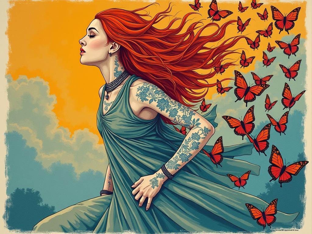 Illustration of a woman with long red hair, tattoos, and wearing a green dress, surrounded by red butterflies, set against an orange and blue sky.
