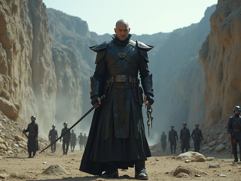 A warrior in black armor stands in a desert canyon, holding a weapon. Other similarly dressed figures are in the background. The setting is rocky and dusty, suggesting a fantasy or historical theme.