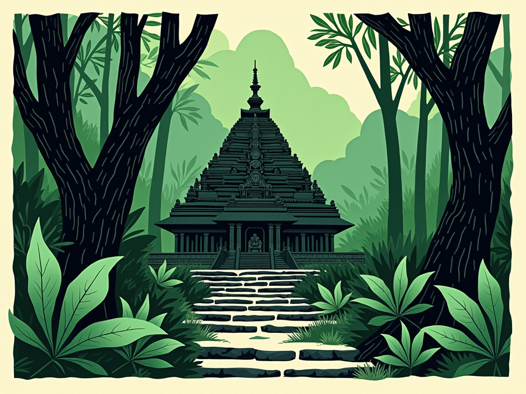 Illustration of an ancient temple in a dense jungle, surrounded by trees and lush vegetation, with a stone pathway leading to the temple entrance.