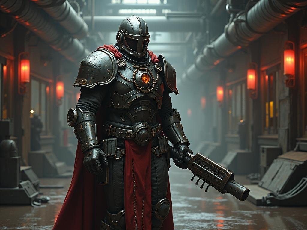 A person in futuristic armor with red accents stands in a dimly lit industrial corridor, holding a large weapon. The background features pipes and red lights.