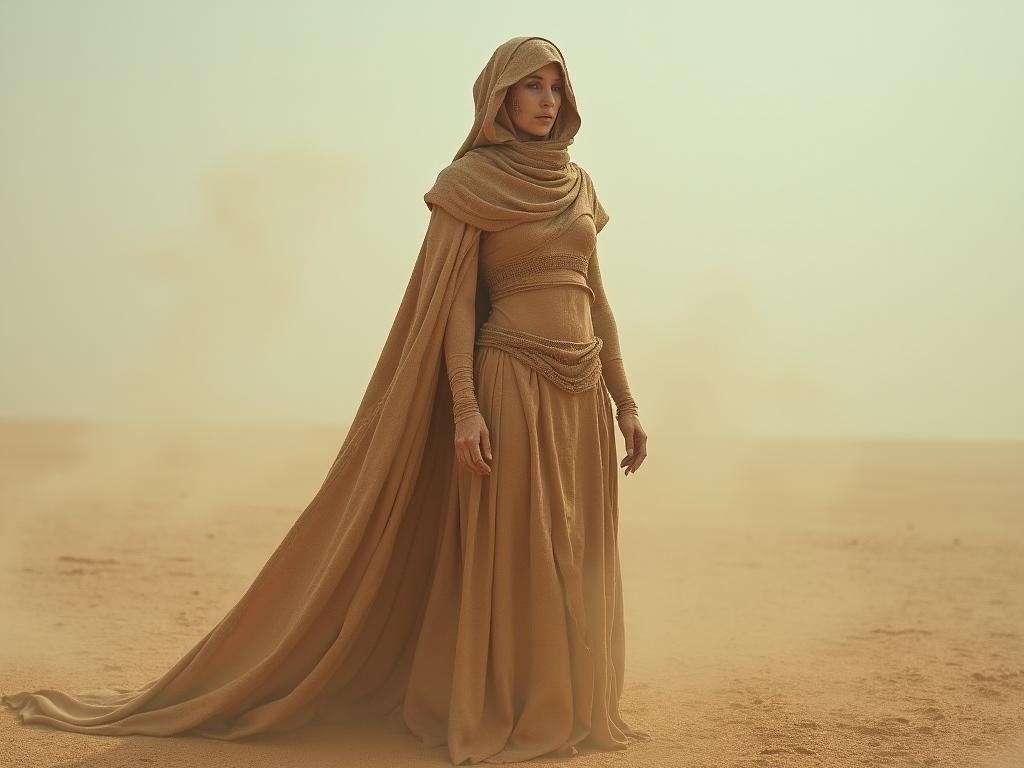 A person in a flowing, hooded tan robe standing in a desert landscape, surrounded by sand and a hazy sky.