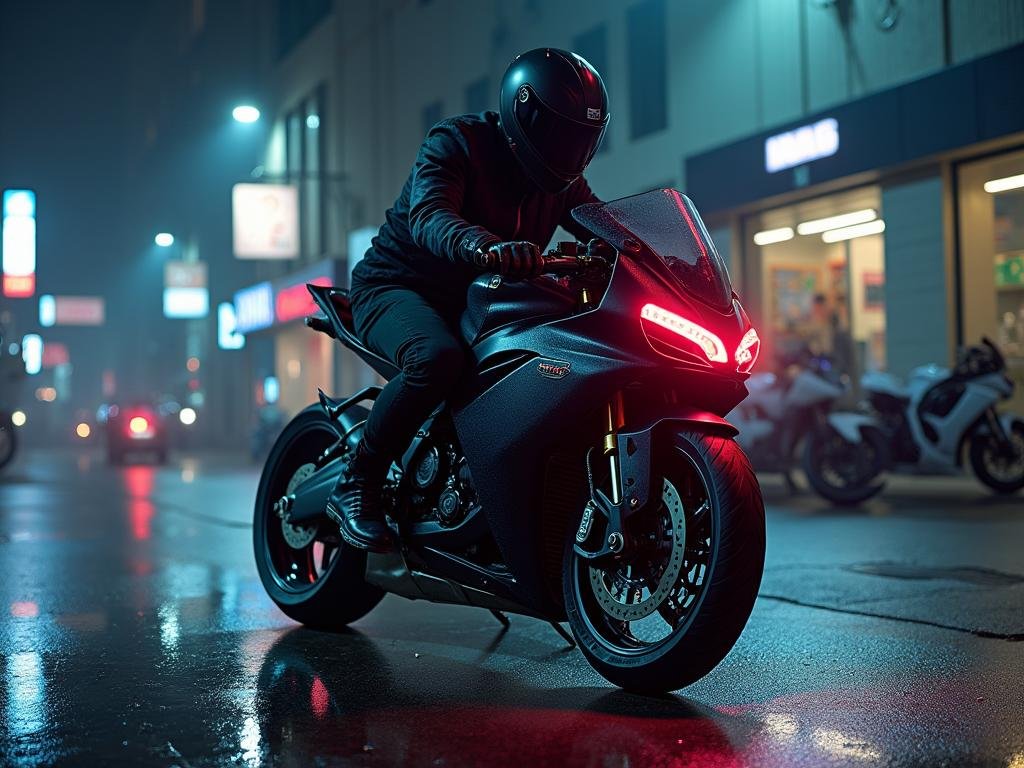 Motorcyclist in black riding a sports bike at night on a wet urban street.