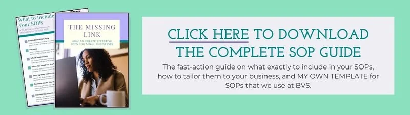Image with text encouraging readers to download our free ebook, The Missing Link, so they can learn more about writing sops for their business